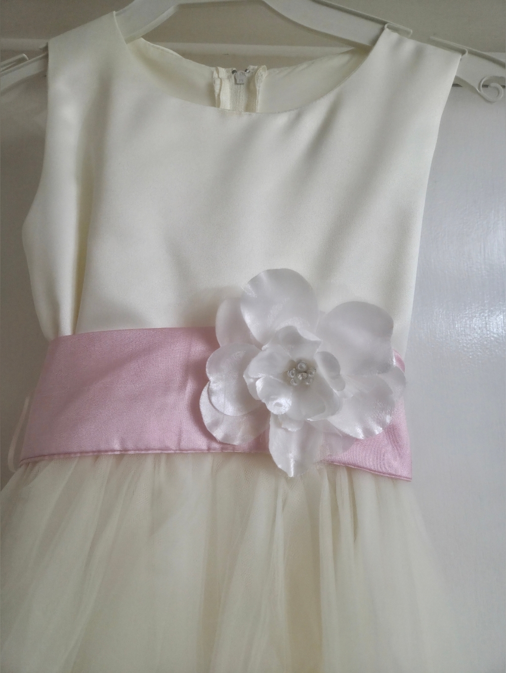 Ivory Tulle Flower Girl Dress with Pink Sash. First Communion Dress. Girl Dress. - Picture 3 of 11